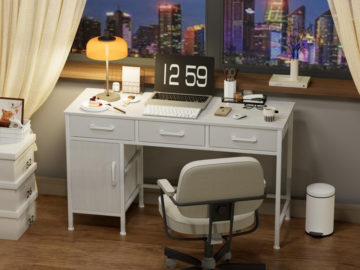 47" Home Office Desk Storage Cabinet & 3 Fabric Drawers - Study Computer Table for Bedroom