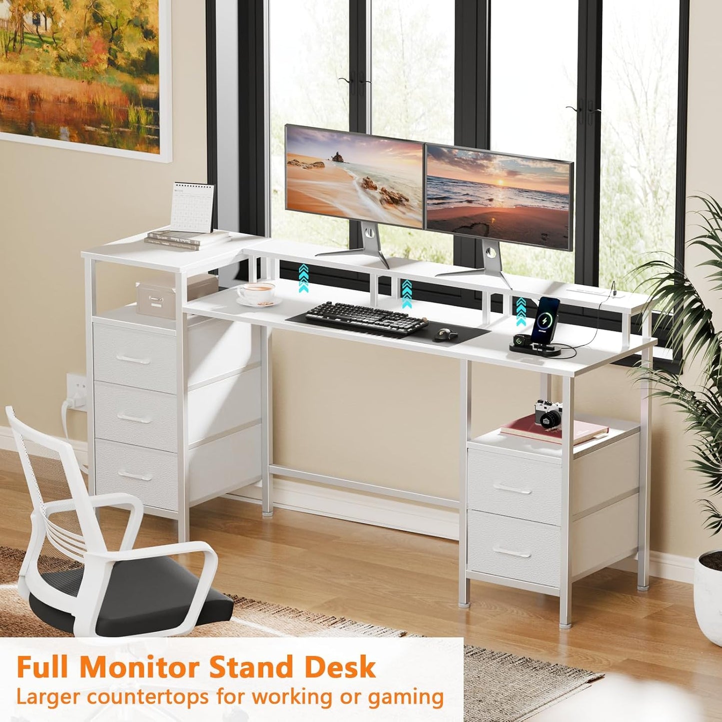 55" Gaming Desk Power Outlets & LED Lights - Reversible Office Desk with Fabric Drawers