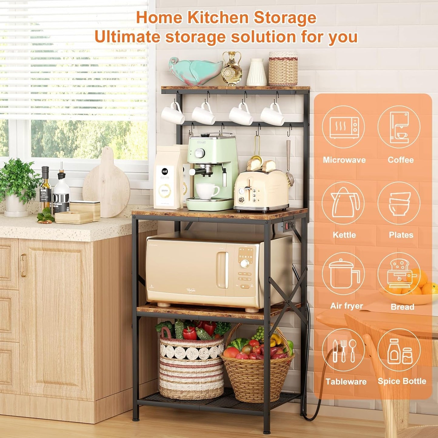 4-Tier Kitchen Rack with Power Outlet - Microwave Stand, 8 Hooks for Spices & Coffee Station