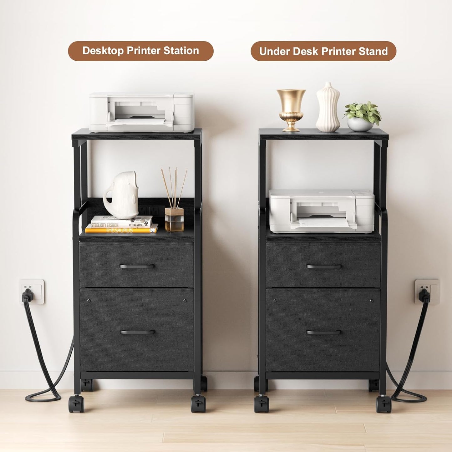 4-Tier Rolling Printer Stand with Power Outlets - Mobile Cart with 2 Drawers & Wheels for Office Use