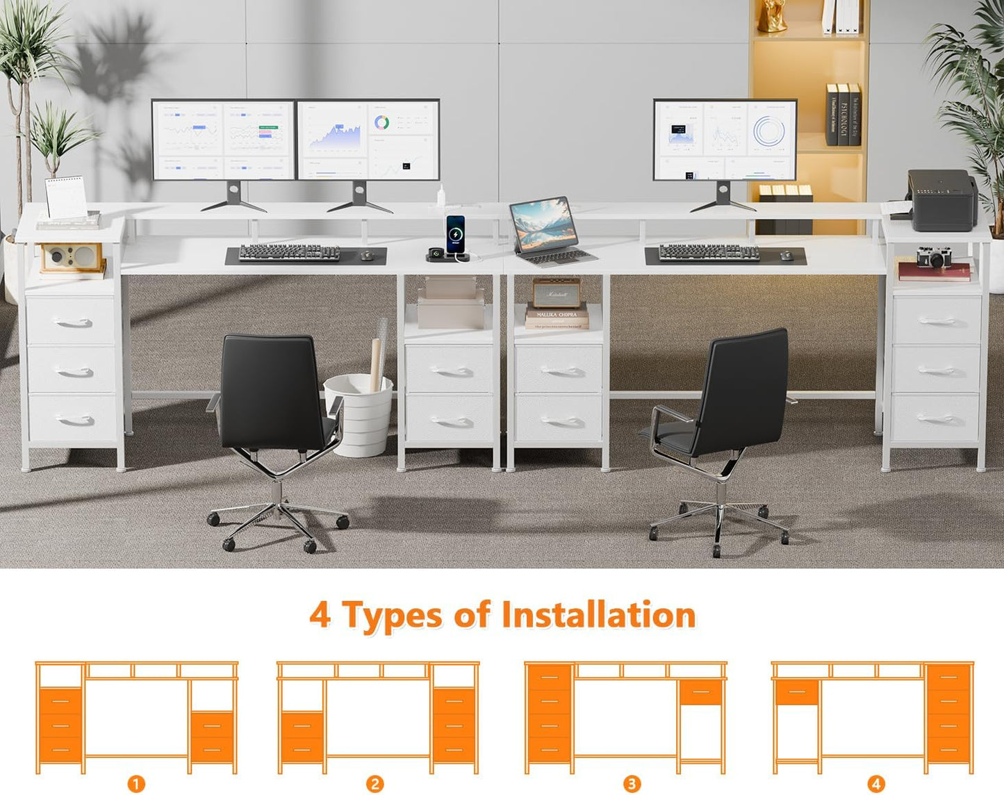 55" Gaming Desk - Power Outlets, LED Lights | Reversible, 5 Drawers for Office & Study