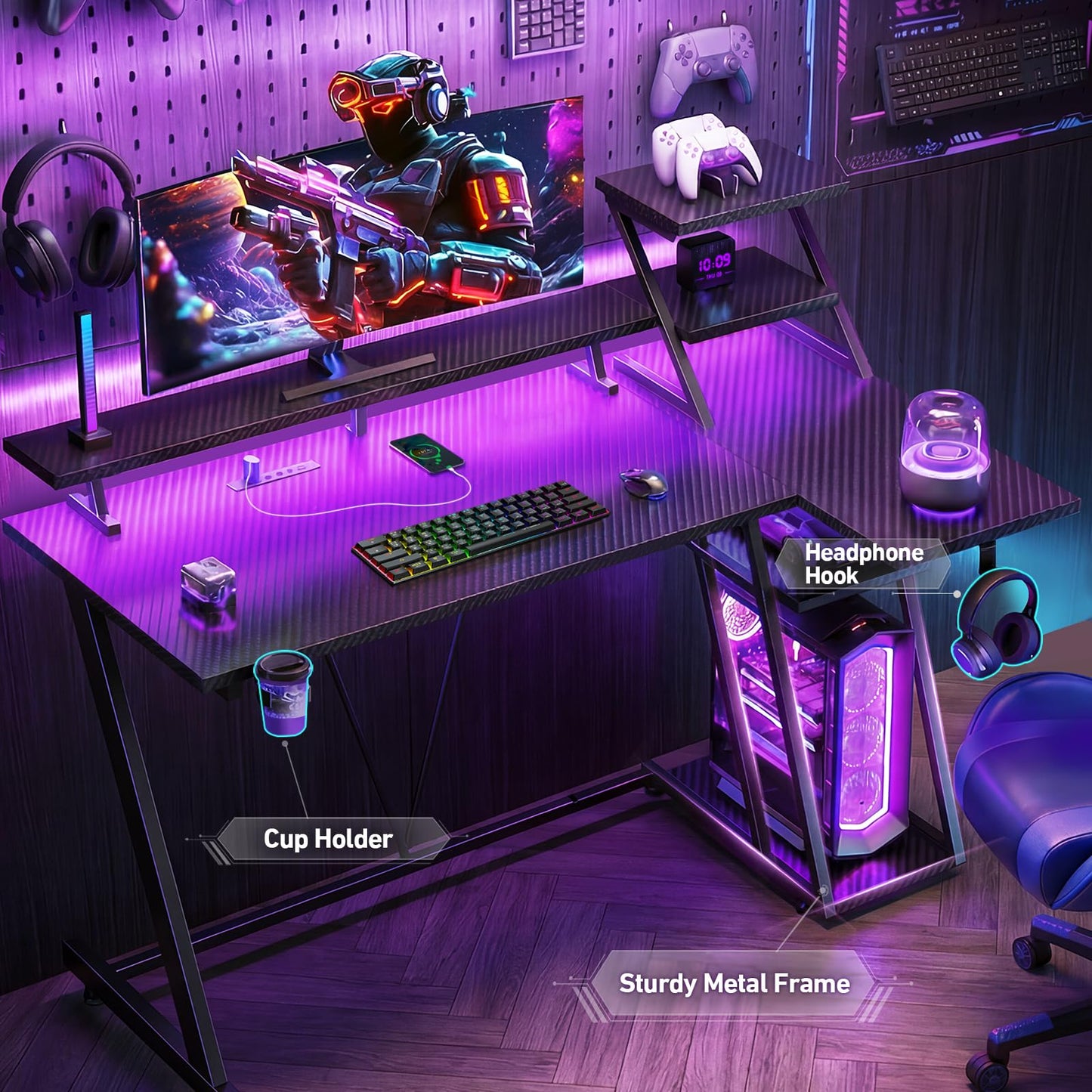 Korfile 47 Inch Gaming Desk with LED Lights & Power Outlet, L Shaped Computer Desk with Storage Shelves, Gamer Workstations with Monitor Stand for Bedroom, Carbon Fiber Black