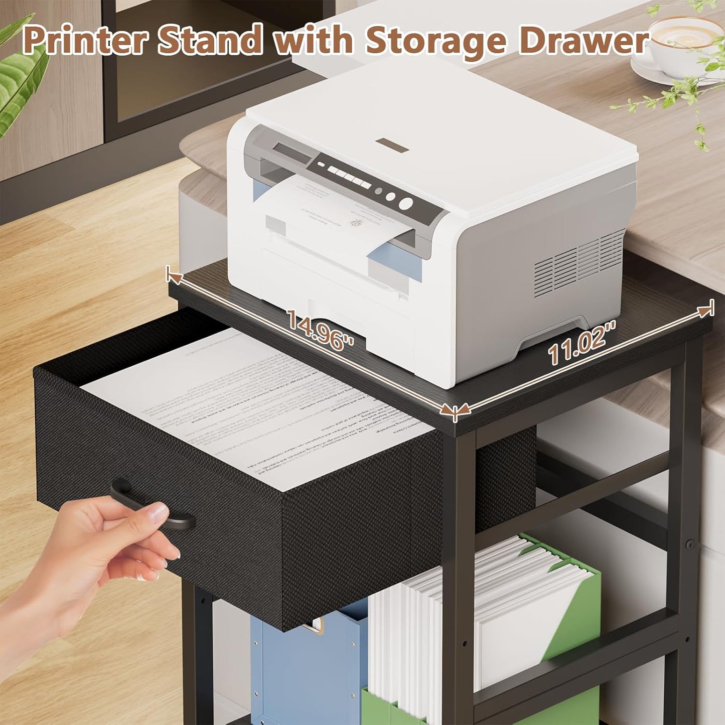 3-Tier Rolling Printer Stand with Storage & Wheels - Under Desk Mobile Cart for Home Office