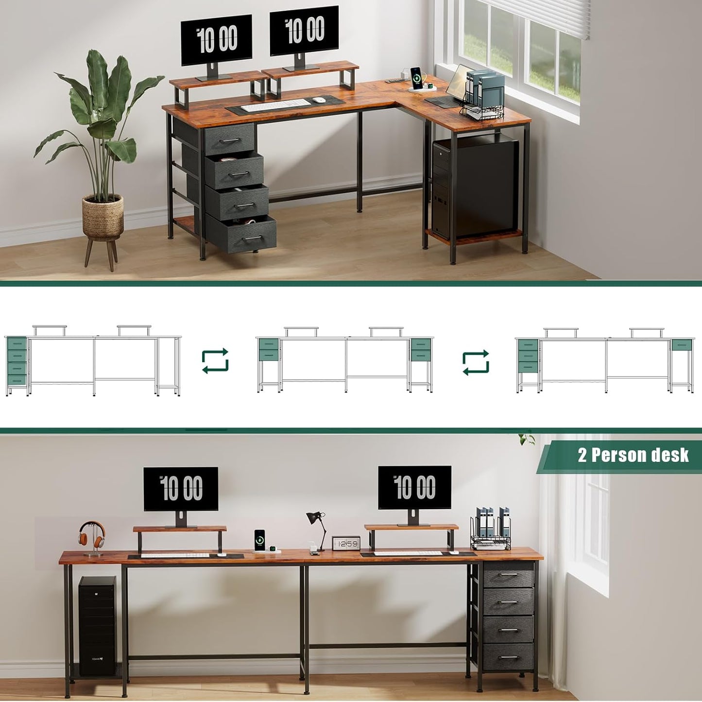 66" L Shaped Desk with Power Outlets - 4 Drawers, 2 Monitor Stands | Office & Gaming for 2