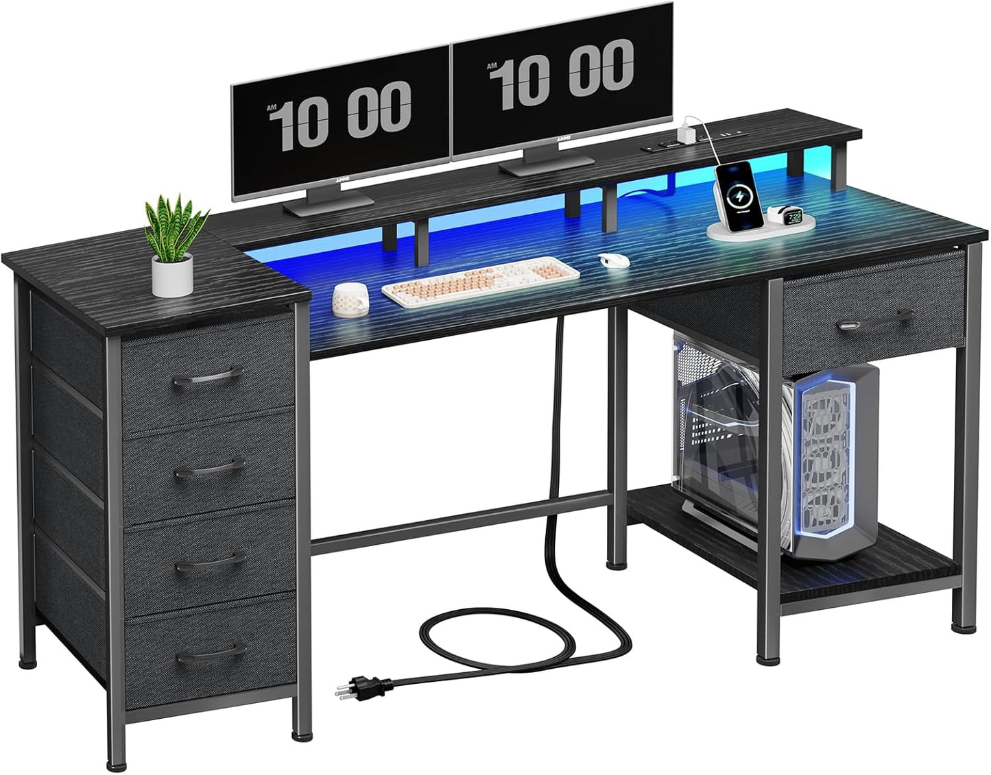 47" Gaming Desk with Power Outlets & RGB Lights - 5 Reversible Fabric Drawers for Office & Gaming