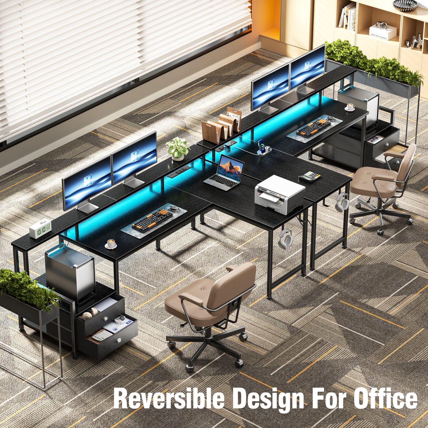 Korfile 57'' L Shaped Gaming Desk with Storage Drawers, Power Outlets, LED | Black Computer Desk with Host Stand, Reversible Corner Design for Gaming, Work, Home Office, Study Room, Bedroom