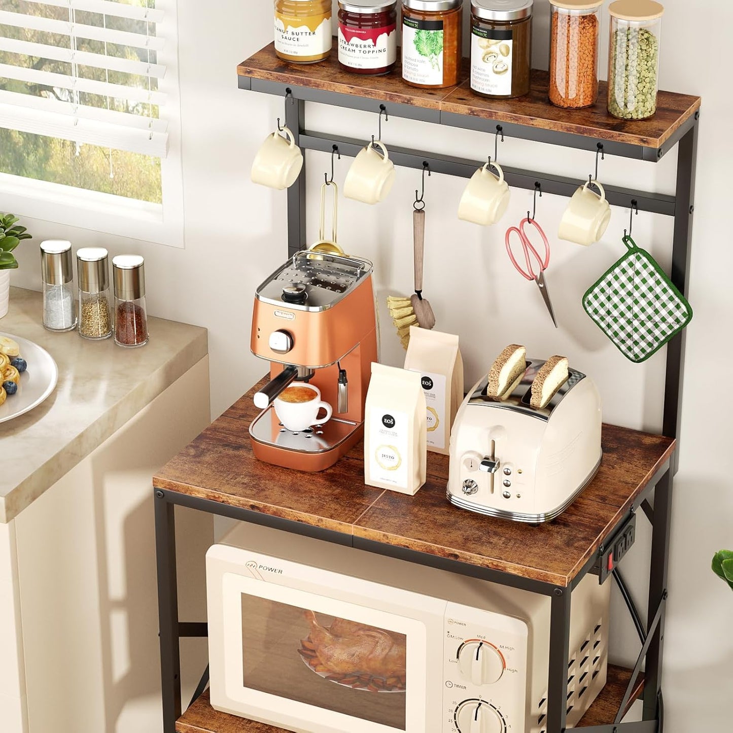 4-Tier Kitchen Rack with Power Outlet - Microwave Stand, 8 Hooks for Spices & Coffee Station