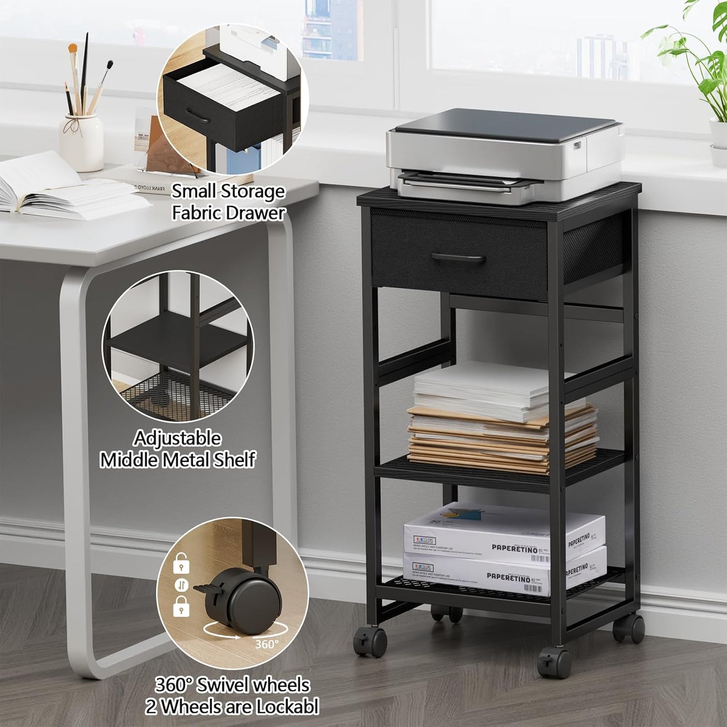 3-Tier Rolling Printer Stand with Storage & Wheels - Under Desk Mobile Cart for Home Office