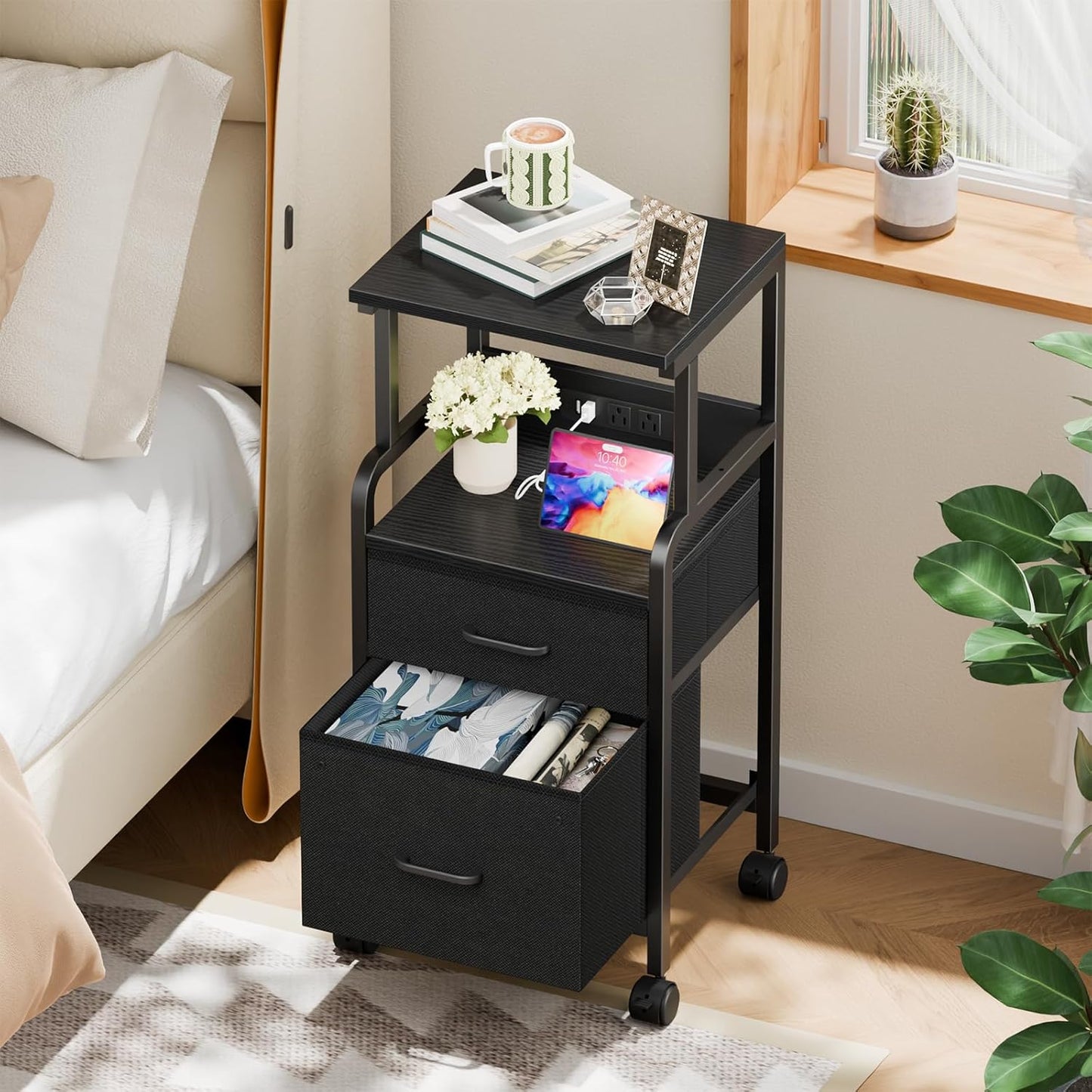 4-Tier Rolling Printer Stand with Power Outlets - Mobile Cart with 2 Drawers & Wheels for Office Use