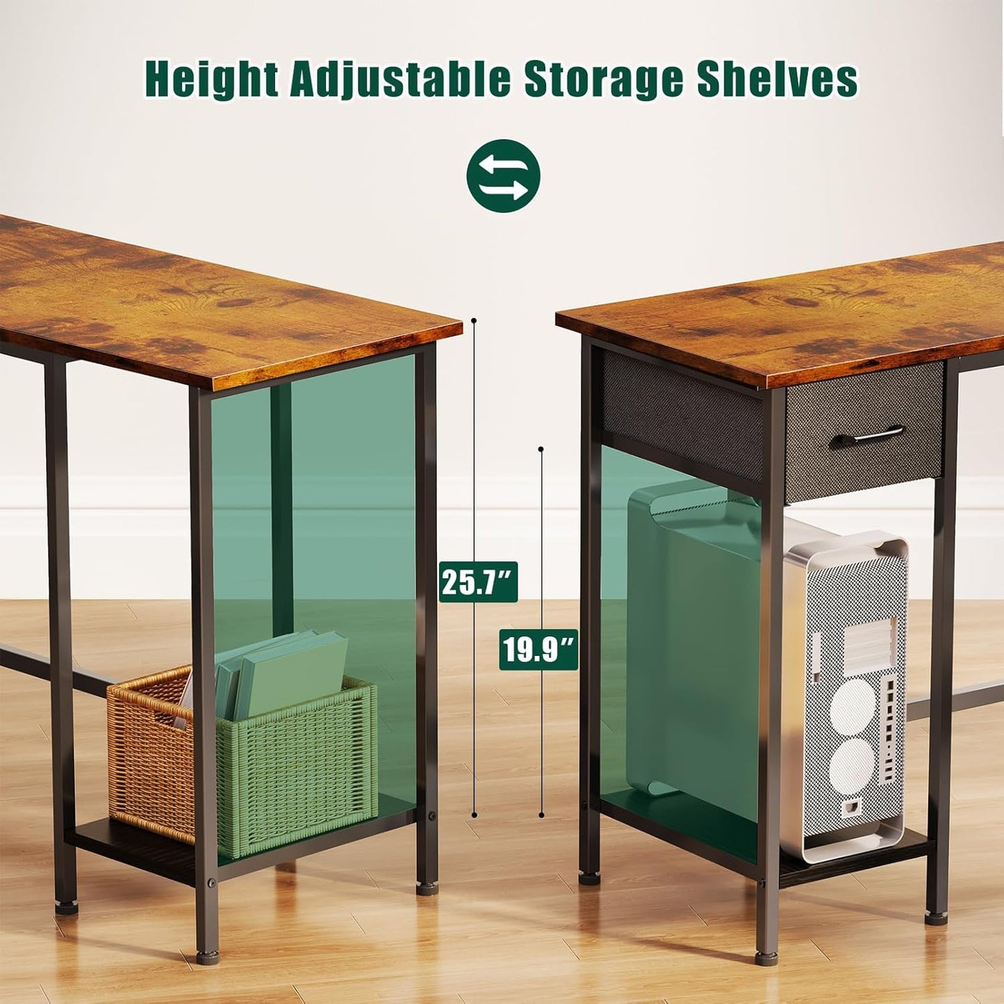 66" L Shaped Desk with Power Outlets - 4 Drawers, 2 Monitor Stands | Office & Gaming for 2