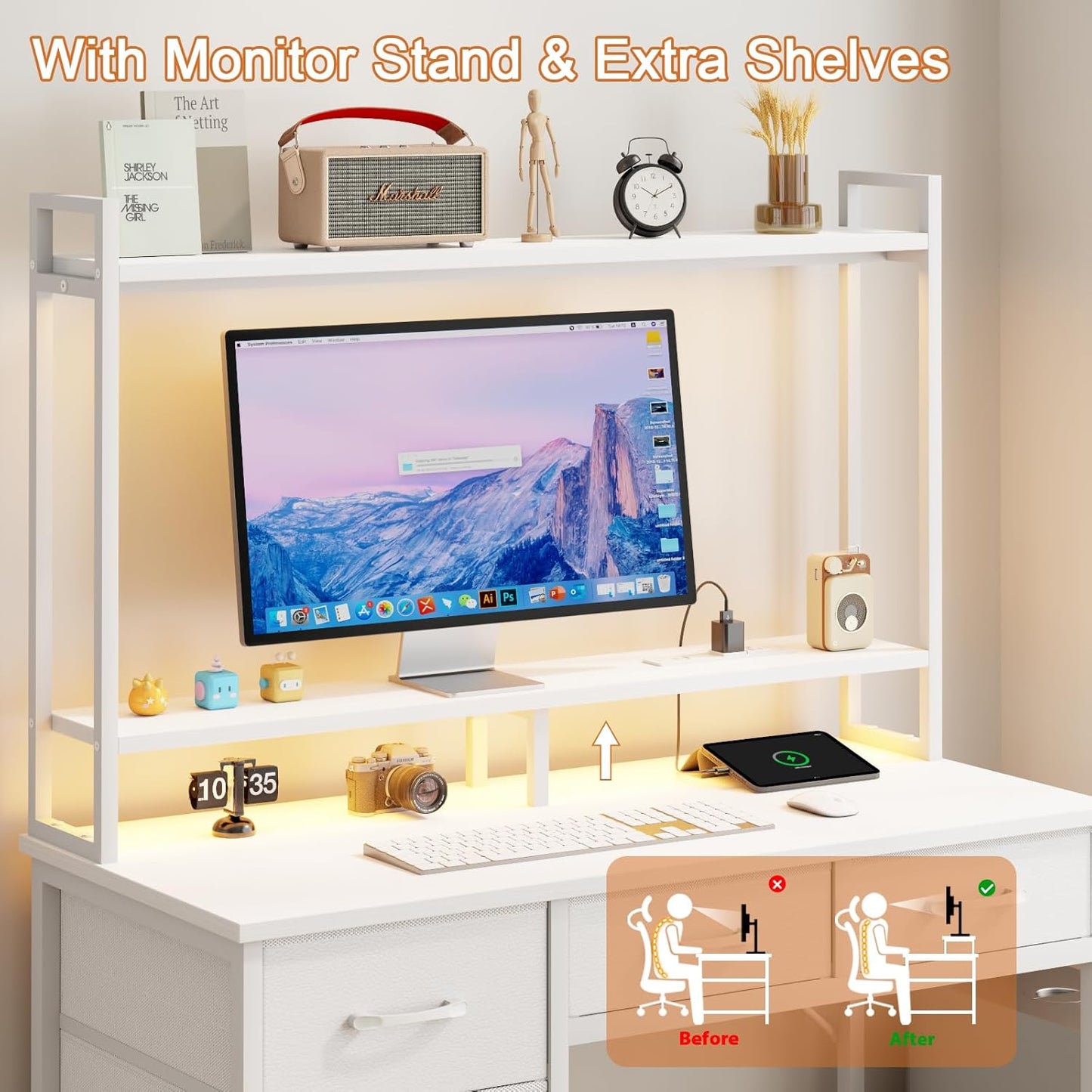47" Modern Gaming Desk with Hutch - Power Outlets, LED Lights & 5 Drawers | 2-Tier Display Shelves for Home Office & Bedroom
