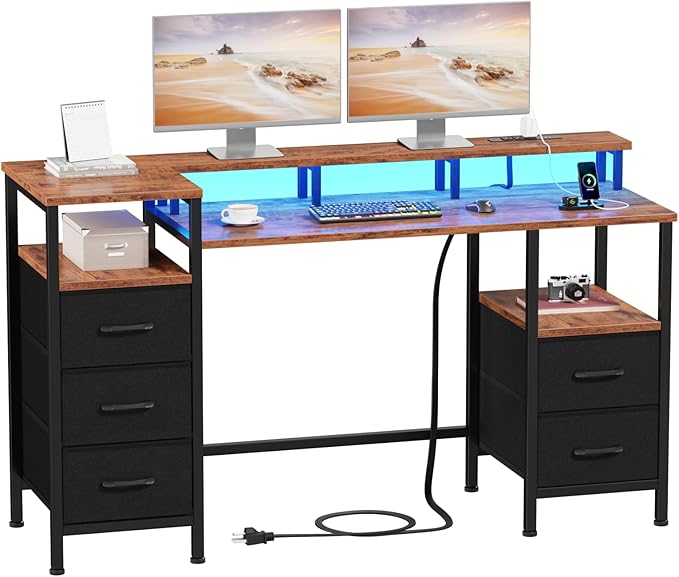 47" Gaming Desk with Power Outlets & RGB Lights - 5 Reversible Fabric Drawers for Office & Gaming