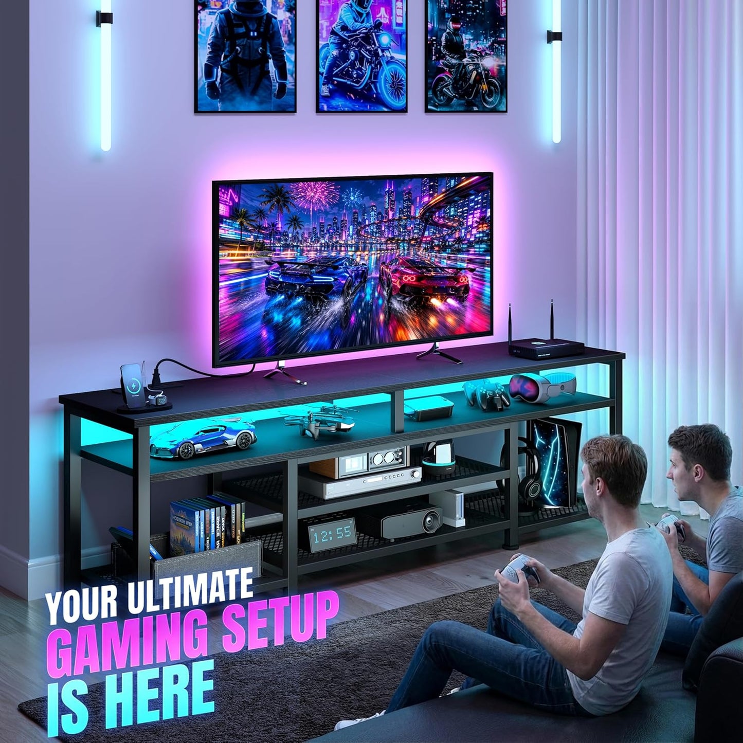 Korfile TV Stand for 65/75/80 inch TV, 71 in Entertainment Center with LED Lights and LED Lights, TV Console Table with Open Shelves for Living Room and Bedroom, Black