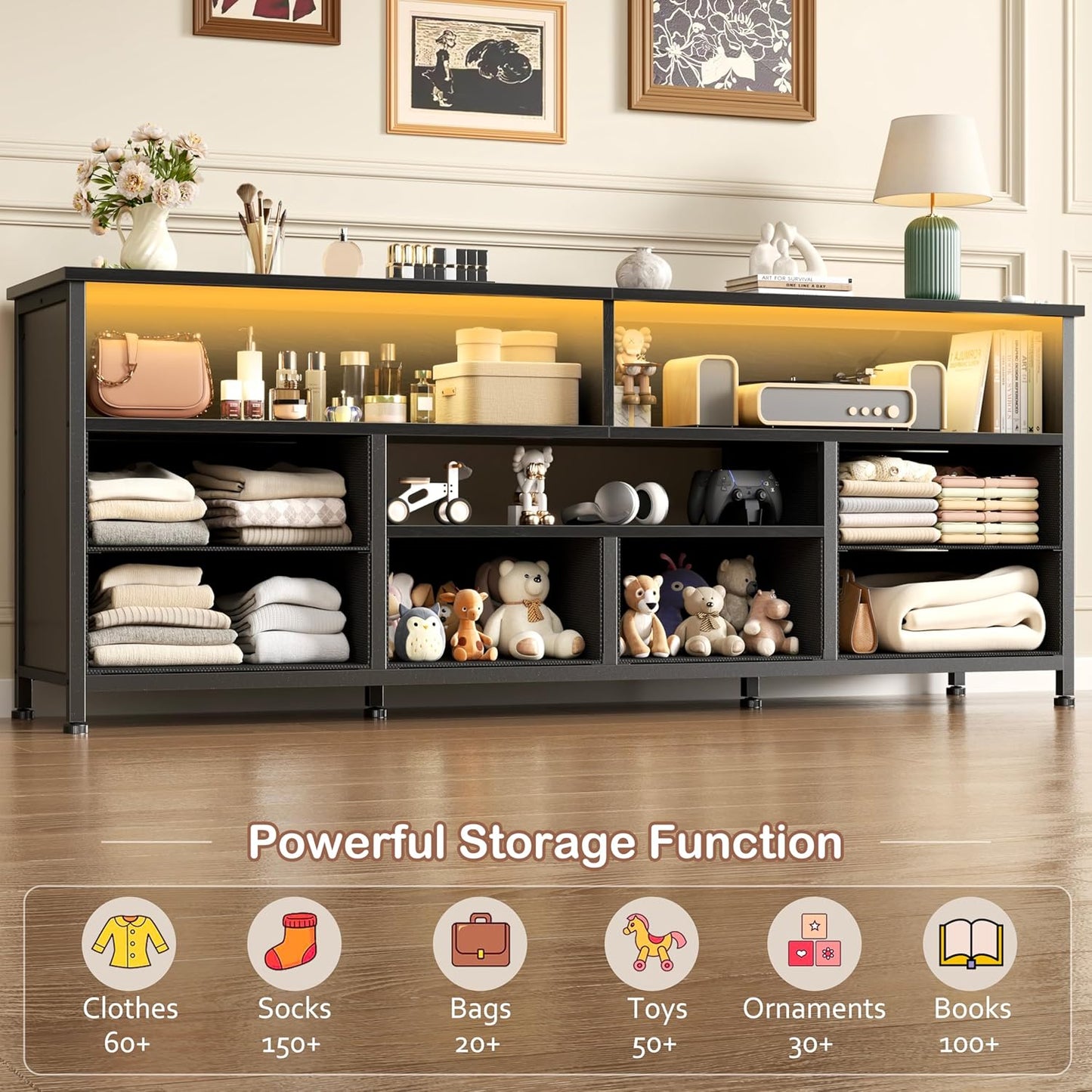 Korfile 63 Inch LED TV Stand for Bedroom, 6 Drawers Entertainment Center with Power Outlets for 60/65/70 Inch TV, Media Console Table with Shelves for Living Room & Hallway, PU Leather Surface, Black