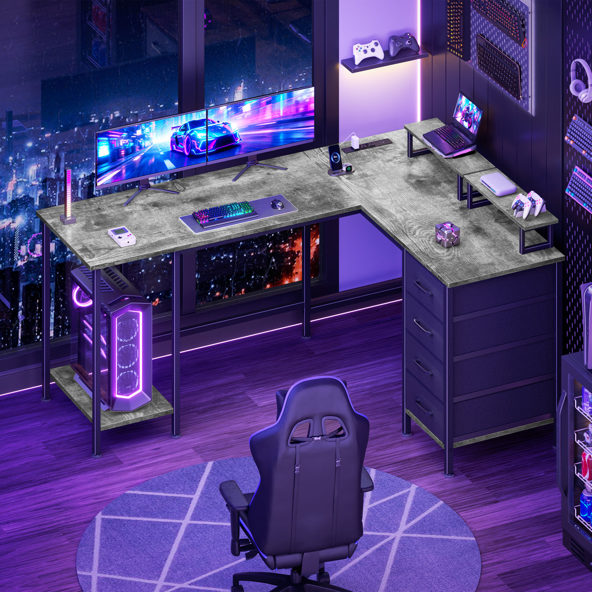 Korfile 59 inch L Shaped Computer Desk with Power Outlets, Home Office Desk with 4 Adjustable Storage Drawers & 2 Monitor Stands, Two Person Gaming Table for Bedroom, Grey