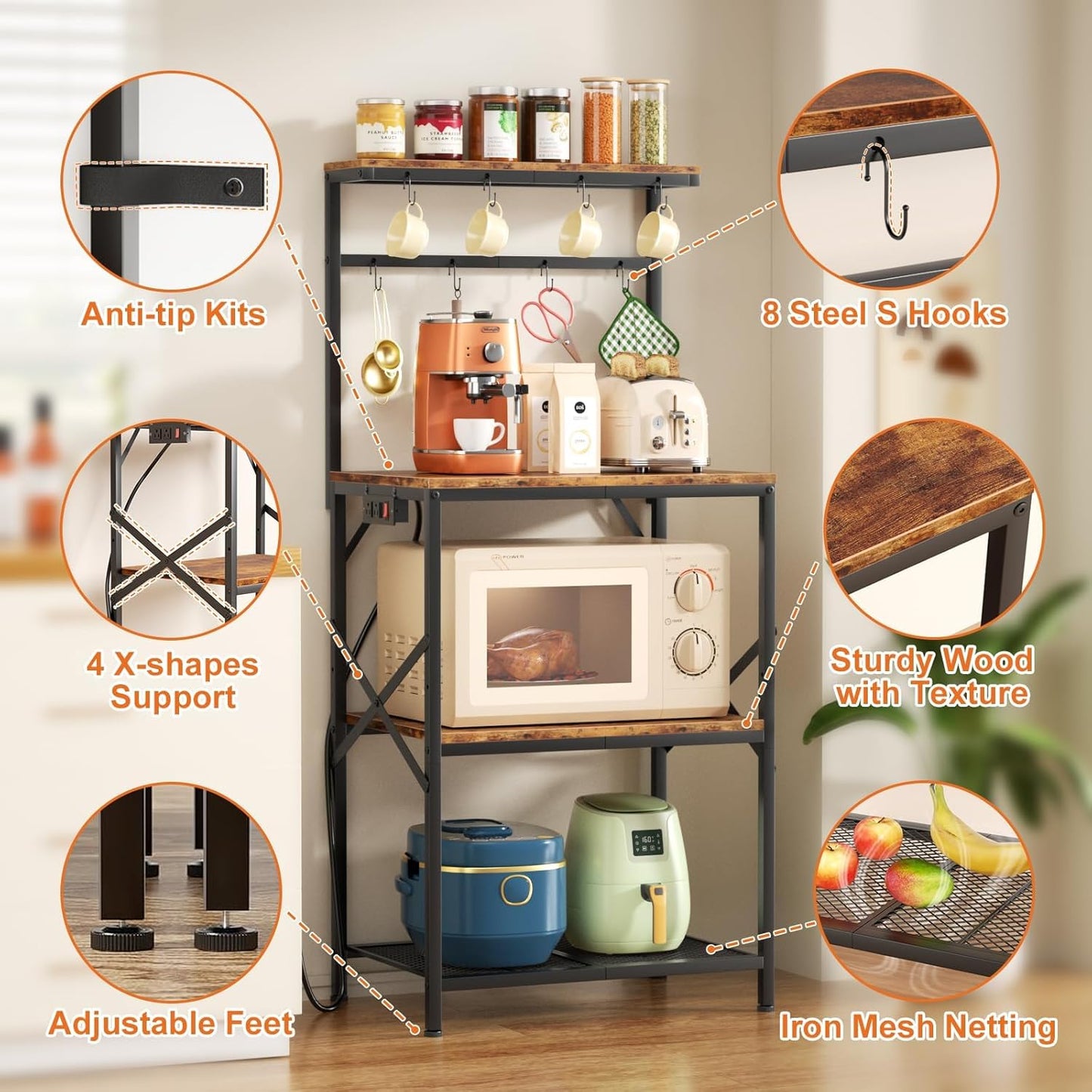 4-Tier Kitchen Rack with Power Outlet - Microwave Stand, 8 Hooks for Spices & Coffee Station