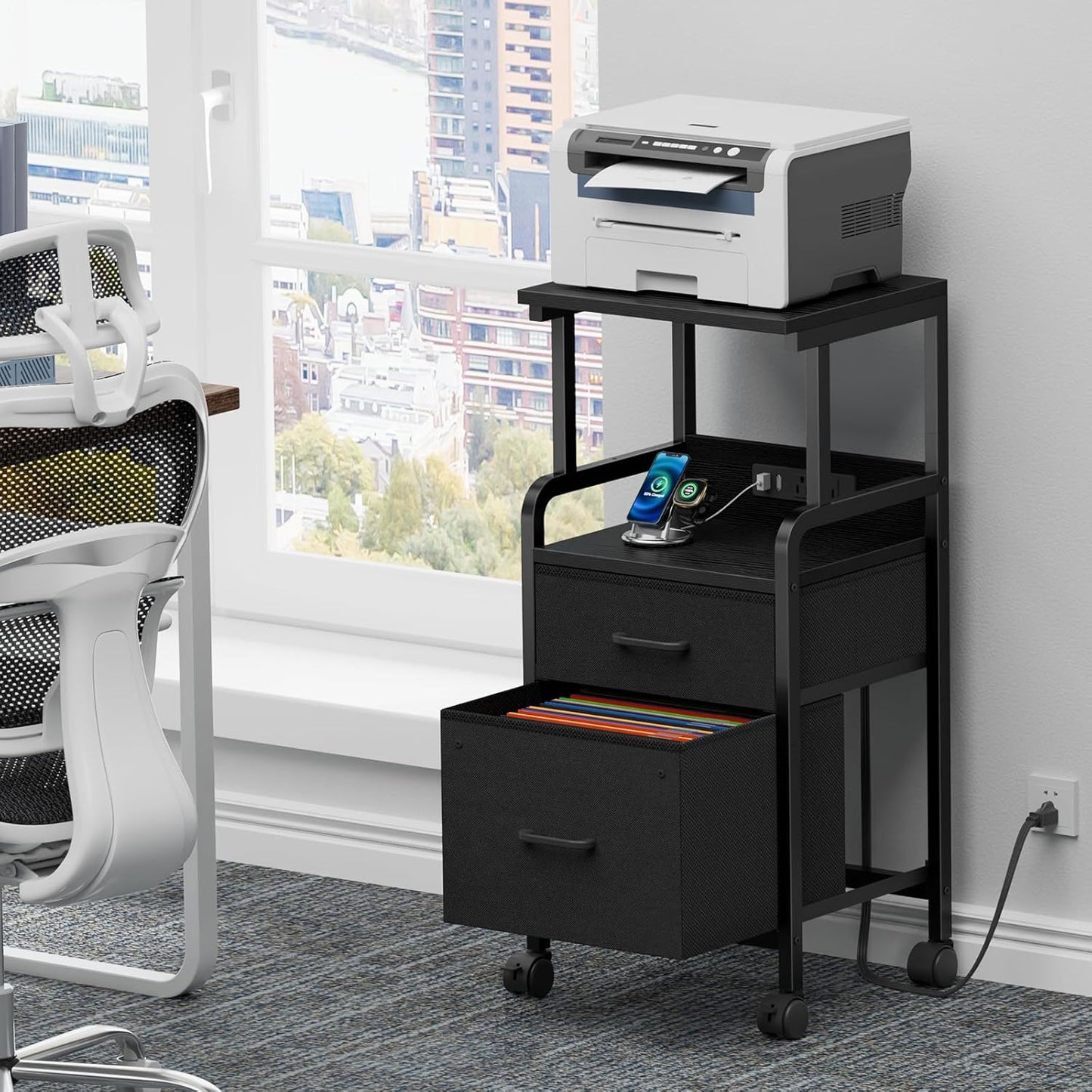 4-Tier Rolling Printer Stand with Power Outlets - Mobile Cart with 2 Drawers & Wheels for Office Use