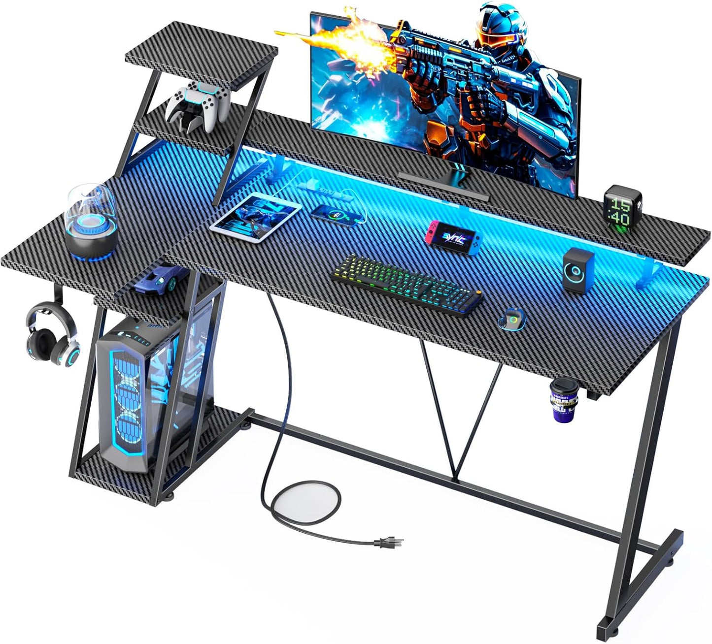 55 Inch Gaming Desk with LED Lights & Power Outlet