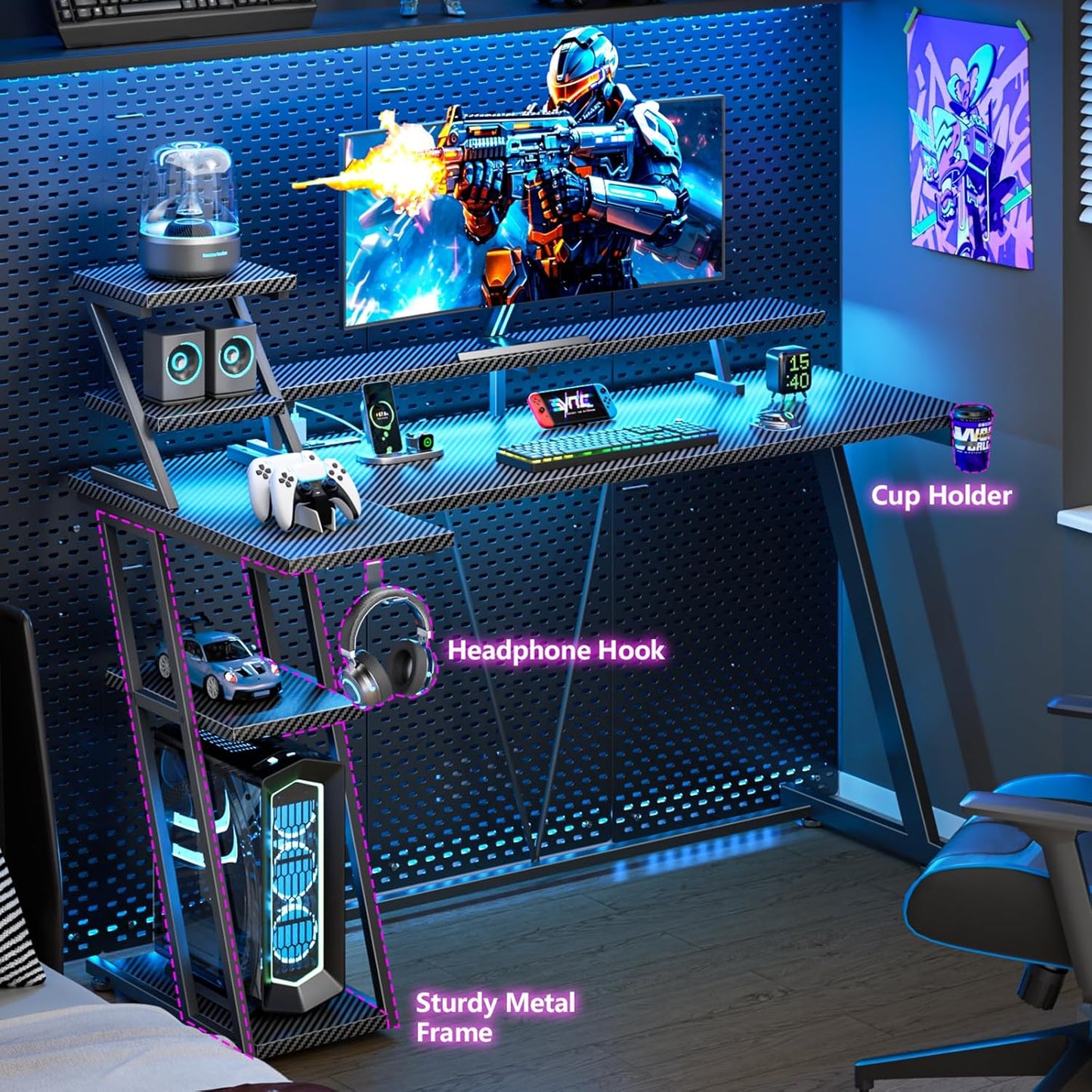 55 Inch Gaming Desk with LED Lights & Power Outlet