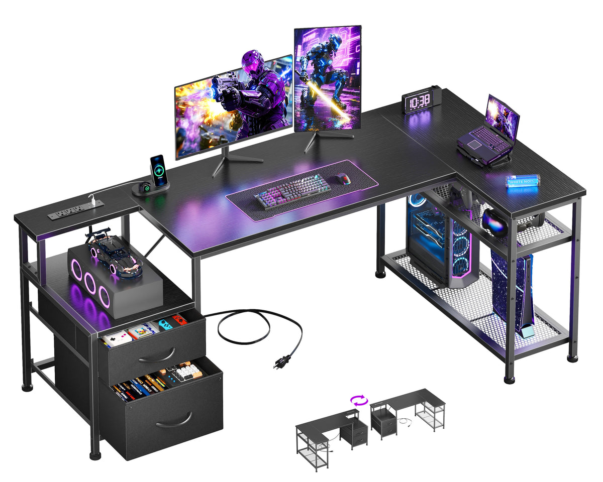 Korfile 57 Inch L Shaped Gaming Desk with Power Outlets, Black