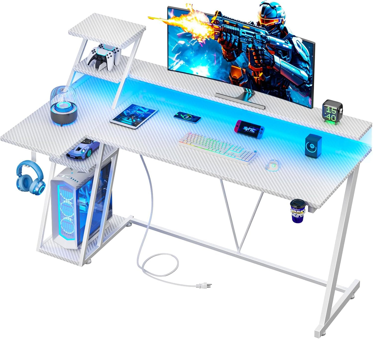 55 Inch Gaming Desk with LED Lights & Power Outlet