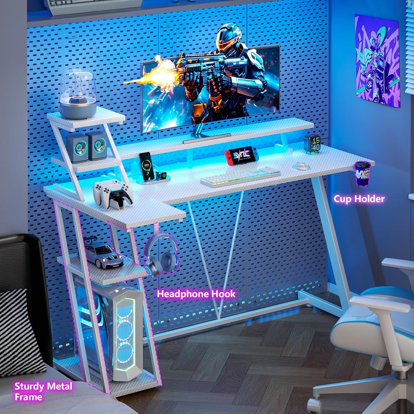 55 Inch Gaming Desk with LED Lights & Power Outlet