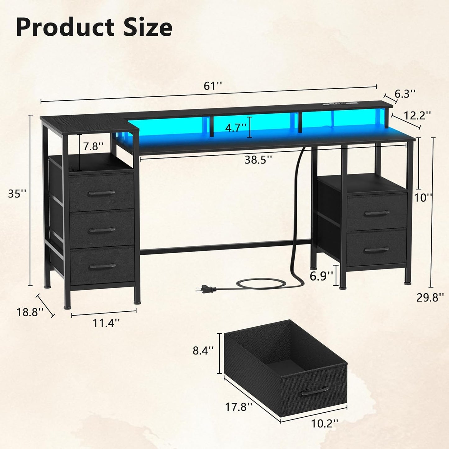 61 Inch Computer Gaming Desk with Power Outlets & LED Lights Reversible Home Office Desk with Adjustable 5 Fabric Storage Drawers for Working Writing Study,Black
