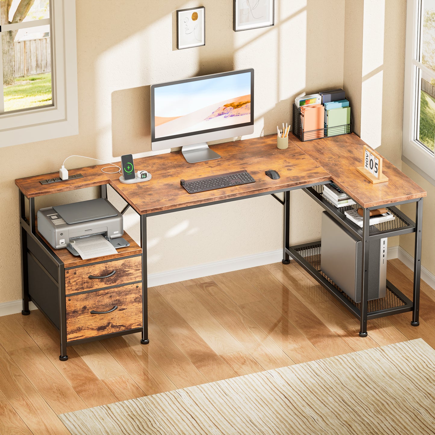 Korfile 57 Inch L Shaped Gaming Desk with Power Outlets, Reversible Computer Desk with 2 Fabric Drawers & Printer Stand, Office Desk with Mesh Shelves, Rustic Brown