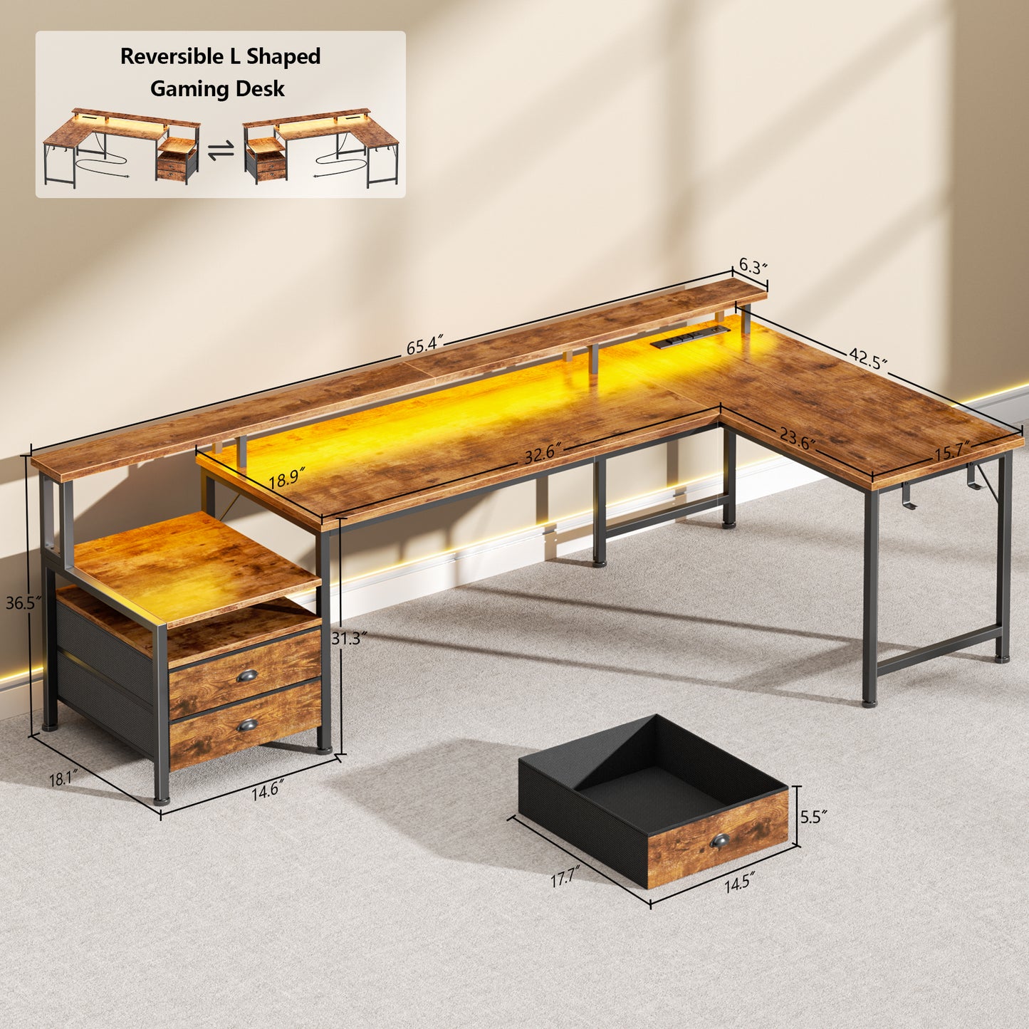 66" L Shaped Desk with Power Outlets and USB-C Port, Reversible Office Desk with drawers and Storage Shelves, Computer desk with Led Lights and Host stand for Home Office, Gaming, Work, Rustic Brown