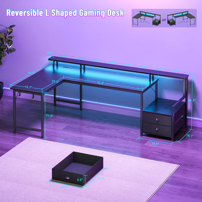 Korfile 66" L Shaped Gaming Desk with Drawers and Storage Shelves, Reversible Corner Desk with Power Outlets and Host Stand, Large Computer Desk with Led Lights for Gaming, Work, Home Office, Black