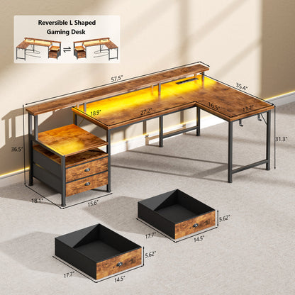 Korfile 57'' L Shaped Computer Desk with Storage Drawers, Power Outlet, LED | Office Desk with Host Stand, Reversible Corner Design for Gaming, Work, Home Office, Study Room, Bedroom