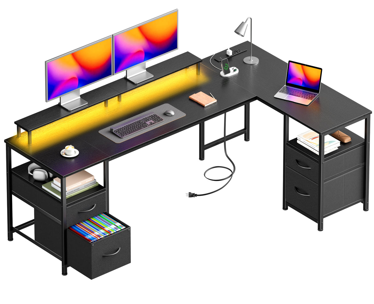 Korfile 65" L Shaped Computer Desk with File Drawers & Power Outlets, Black | Home Office Desk w/ 4 Drawers, LED Lights, Reversible, Monitor Stand, Gaming Table for Corner Space, Ideal for Study, Writing