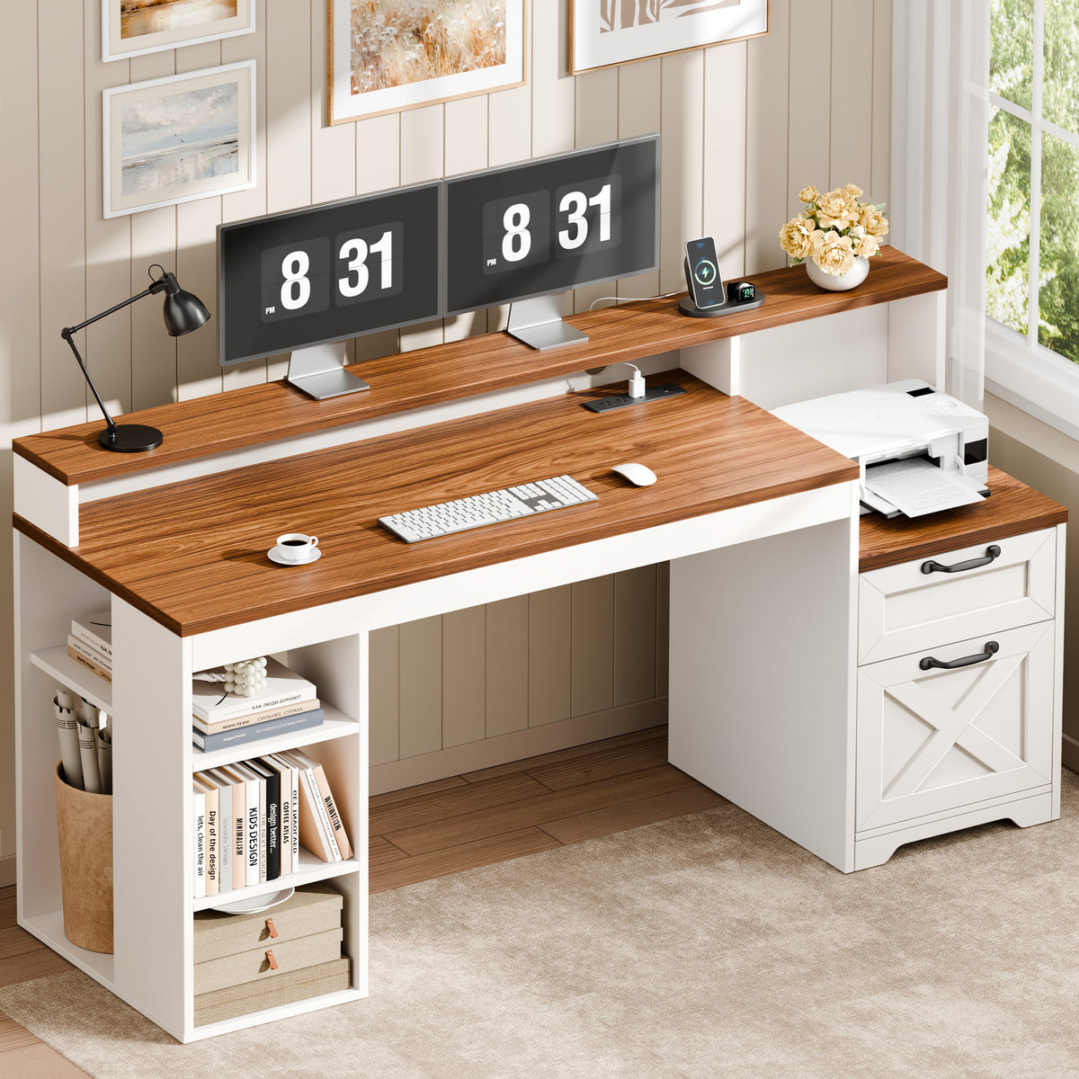 63" Farmhouse Computer Desk with Drawers and Printer Stand for Home Office