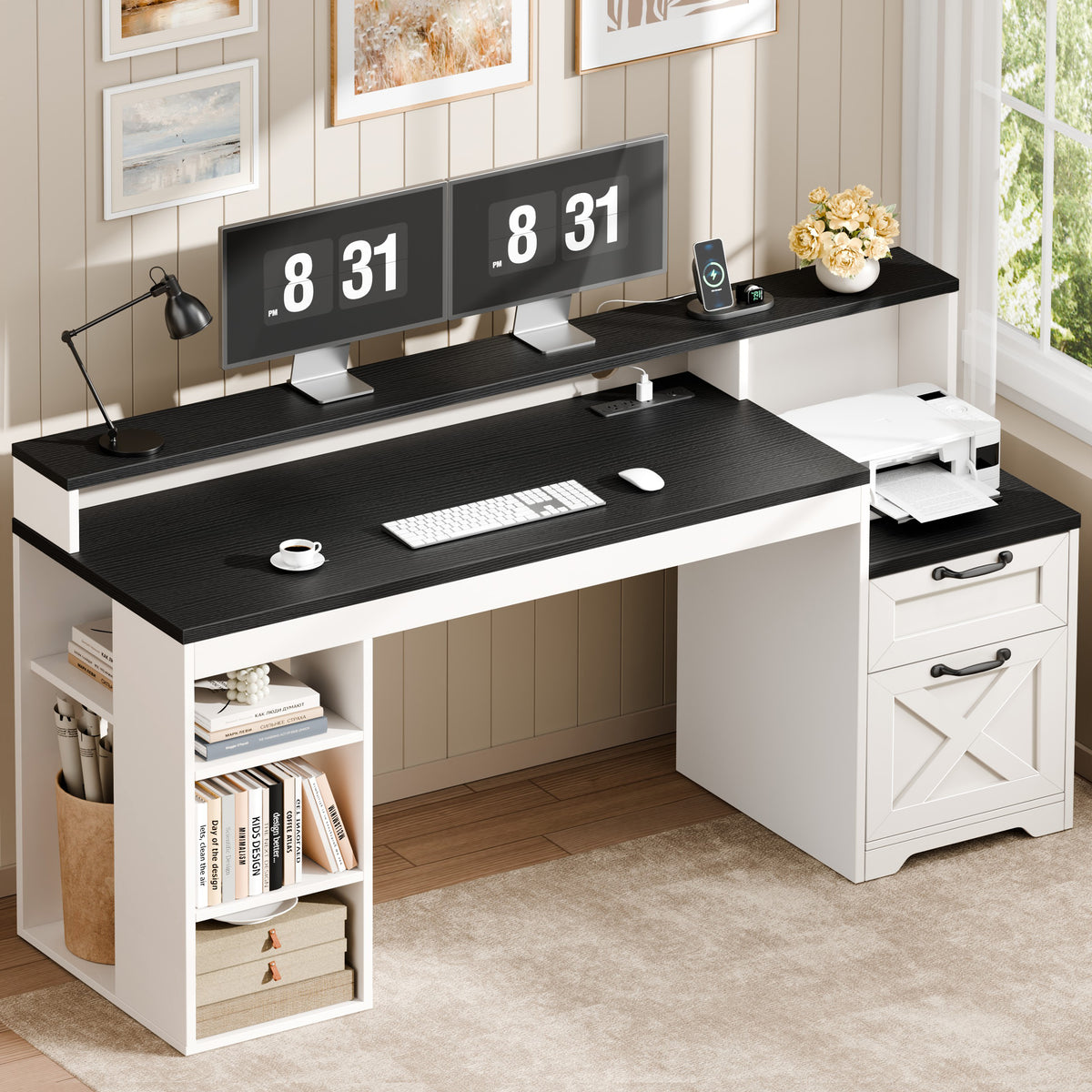 Korfile 63" Farmhouse Desk with Drawers and Storage Shelf for Home Office