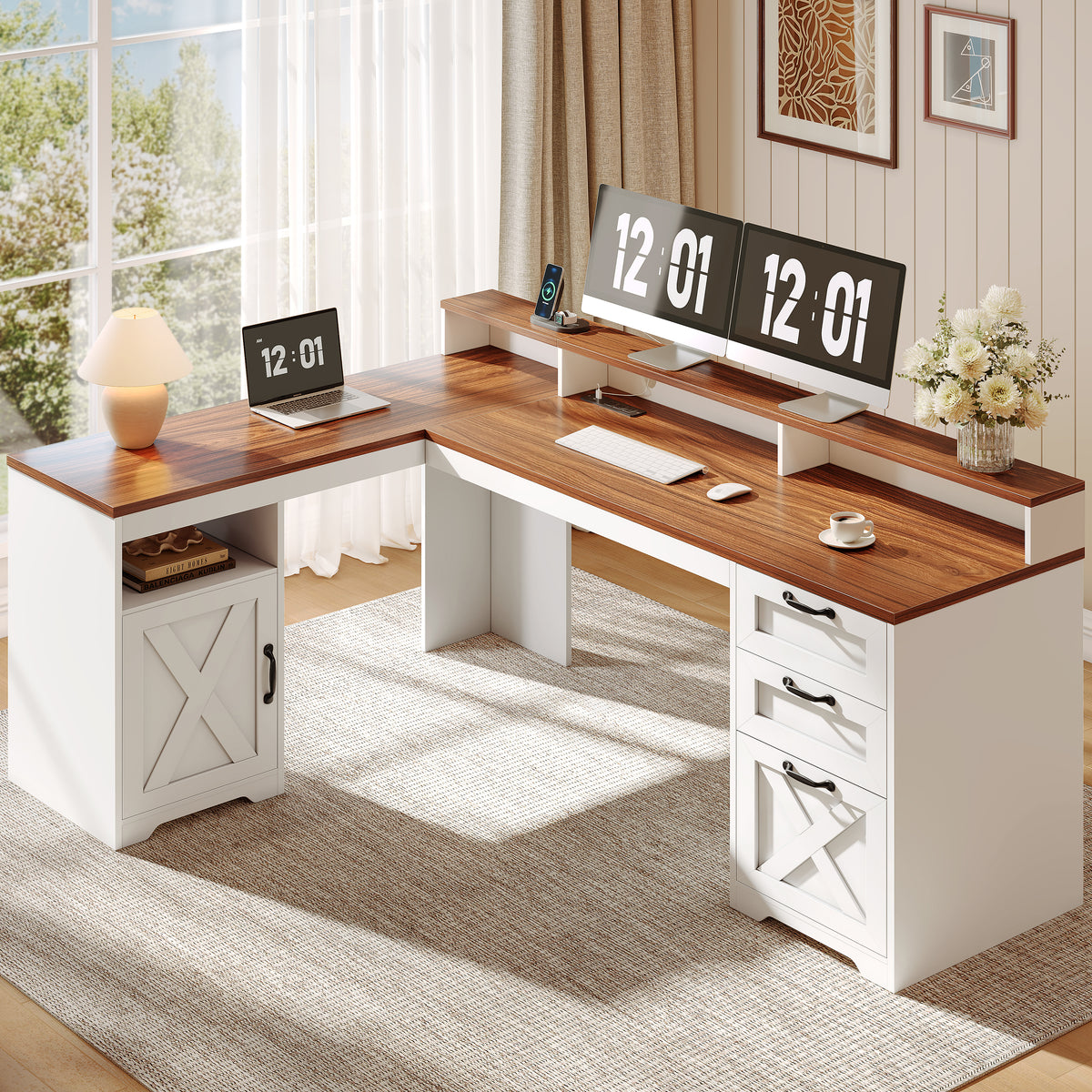 Korfile 63" L Shaped Desk with Drawers with File Cabinet & Power Outlet Farmhouse Computer Desk, Executive Desk with Monitor Stand & Storage Cabinet for Home Office, Corner Desk, Brown and White