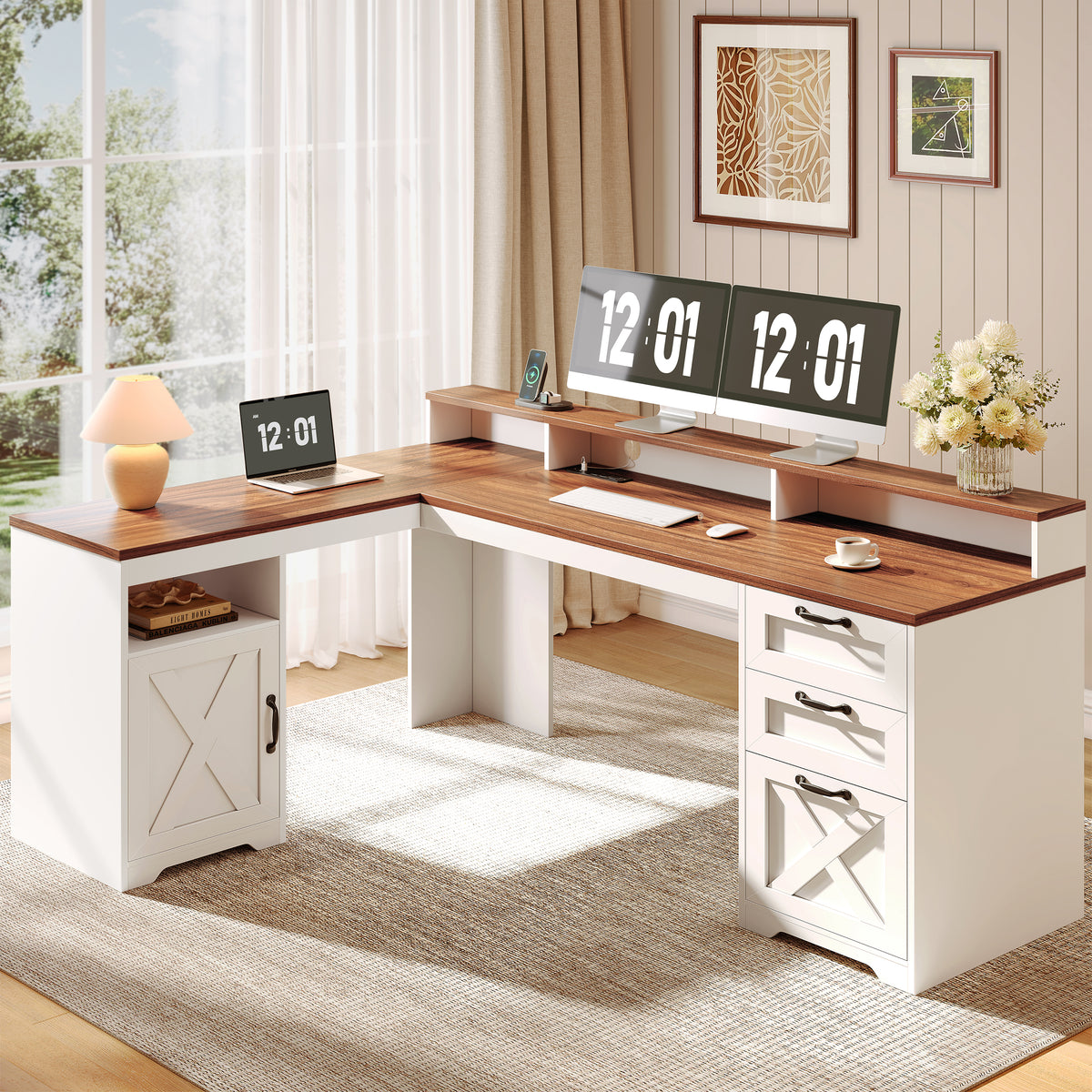 Korfile 63" L Shaped Desk with Drawers with File Cabinet & Power Outlet Farmhouse Computer Desk, Executive Desk with Monitor Stand & Storage Cabinet for Home Office, Corner Desk, Brown and White