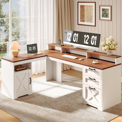 Korfile 63" L Shaped Desk with Drawers with File Cabinet & Power Outlet Farmhouse Computer Desk, Executive Desk with Monitor Stand & Storage Cabinet for Home Office, Corner Desk, Brown and White