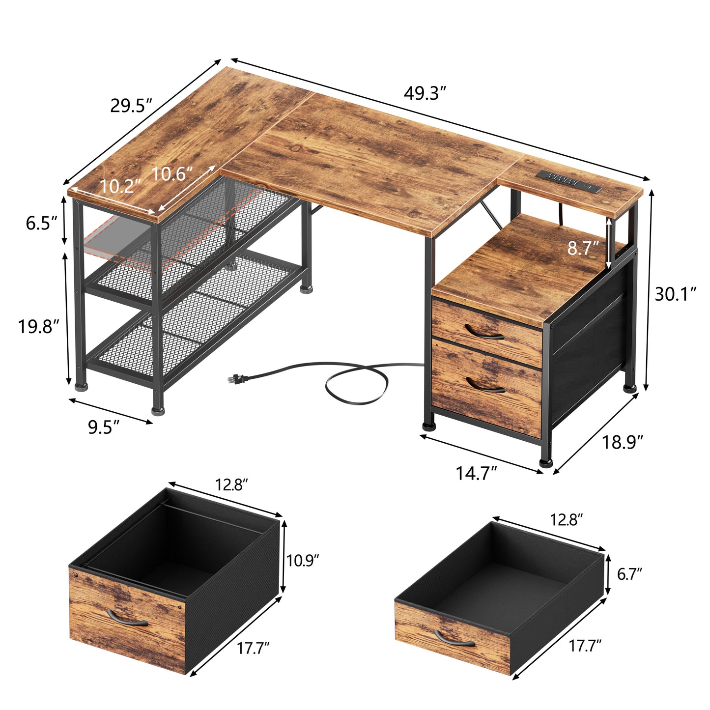 Korfile 49 Inch L Shaped Gaming Desk with Power Outlets, Reversible Computer Desk with 2 Fabric Drawers & Printer Stand, Office Desk with Mesh Shelves, Rustic Brown