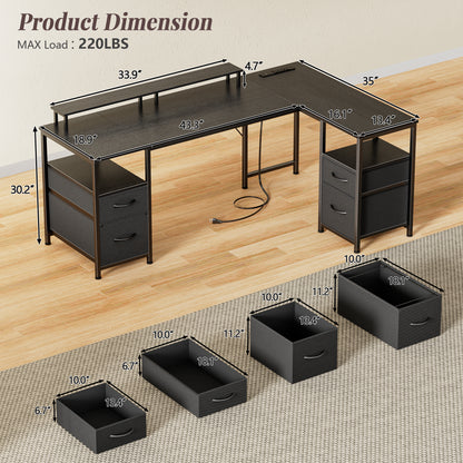 Korfile 57" L Shaped Computer Desk with File Drawers & Power Outlets, Black | Home Office Desk w/ 4 Drawers, LED Lights, Reversible, Monitor Stand, Gaming Table for Corner Space, Ideal for Study, Writing