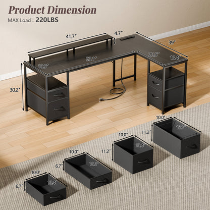 Korfile 65" L Shaped Computer Desk with File Drawers & Power Outlets, Black | Home Office Desk w/ 4 Drawers, LED Lights, Reversible, Monitor Stand, Gaming Table for Corner Space, Ideal for Study, Writing