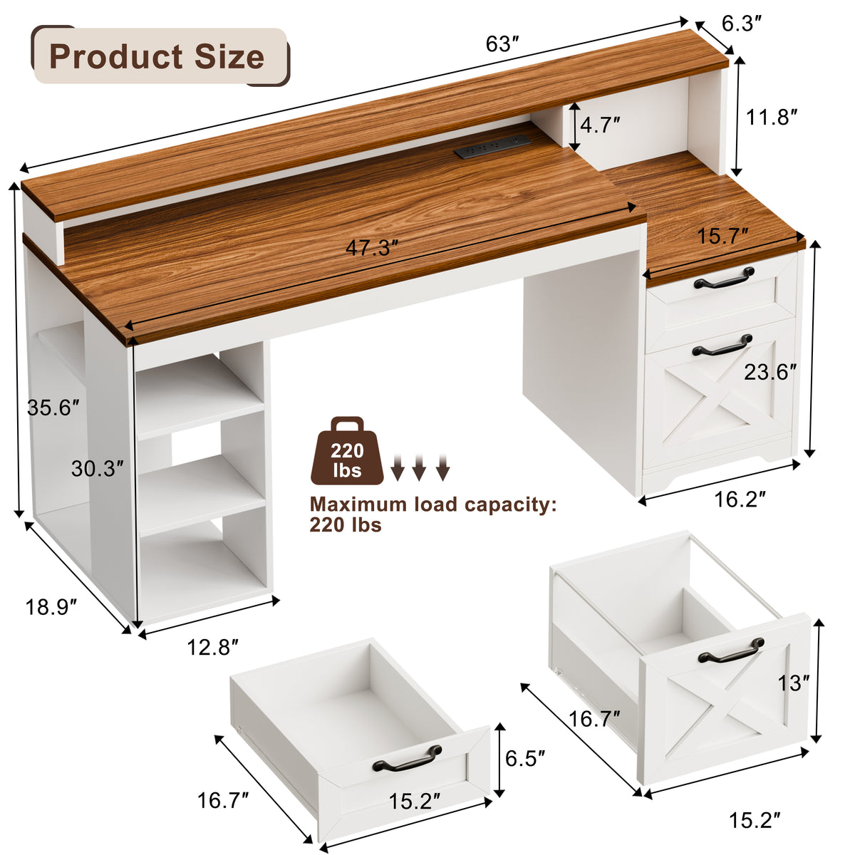 63" Farmhouse Computer Desk with Drawers and Printer Stand for Home Office