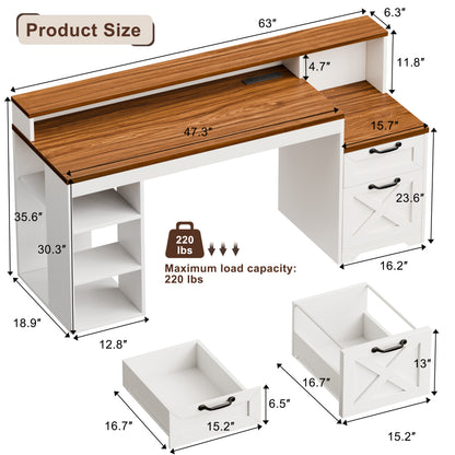 63" Farmhouse Computer Desk with Drawers and Printer Stand for Home Office