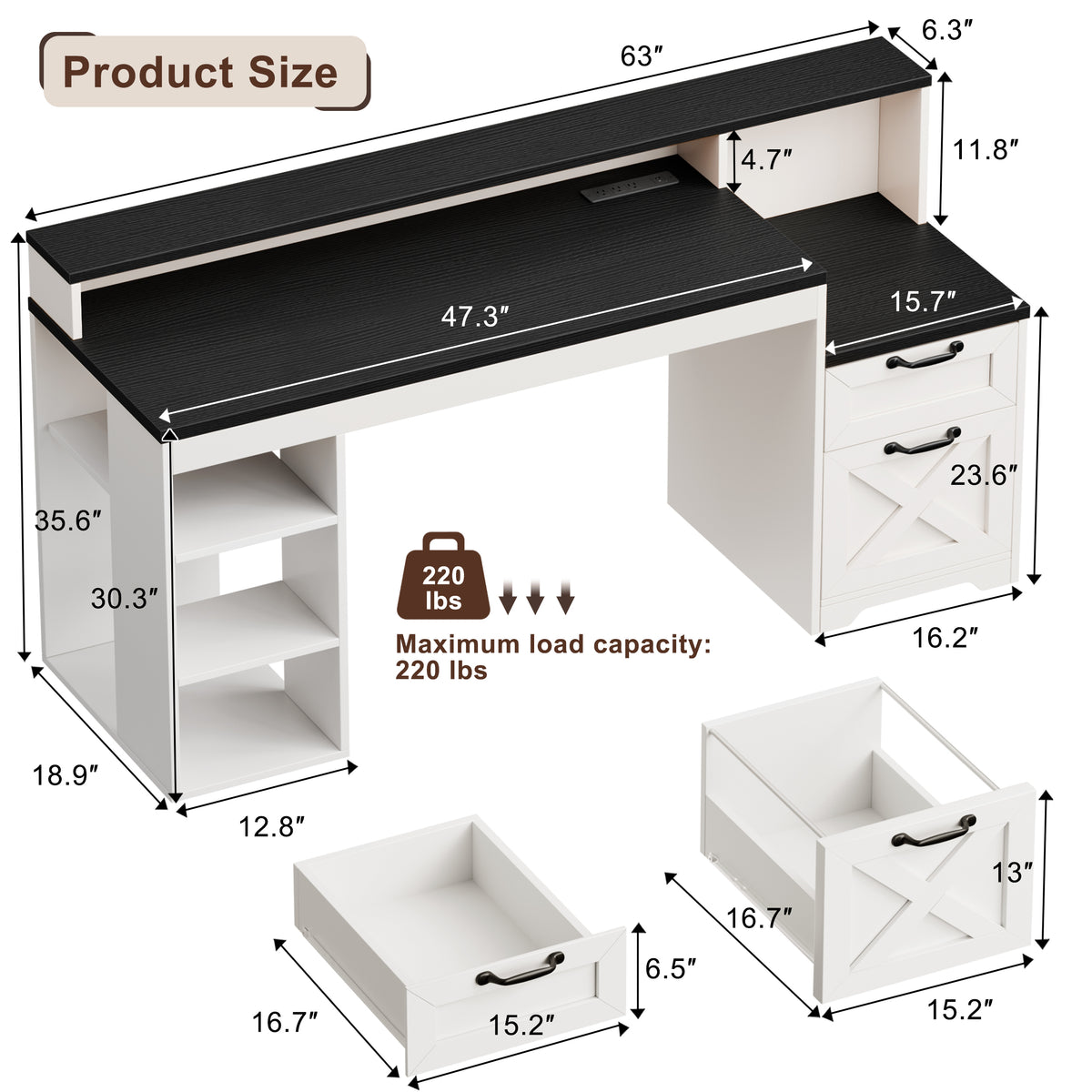 Korfile 63" Farmhouse Desk with Drawers and Storage Shelf for Home Office