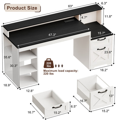 Korfile 63" Farmhouse Desk with Drawers and Storage Shelf for Home Office