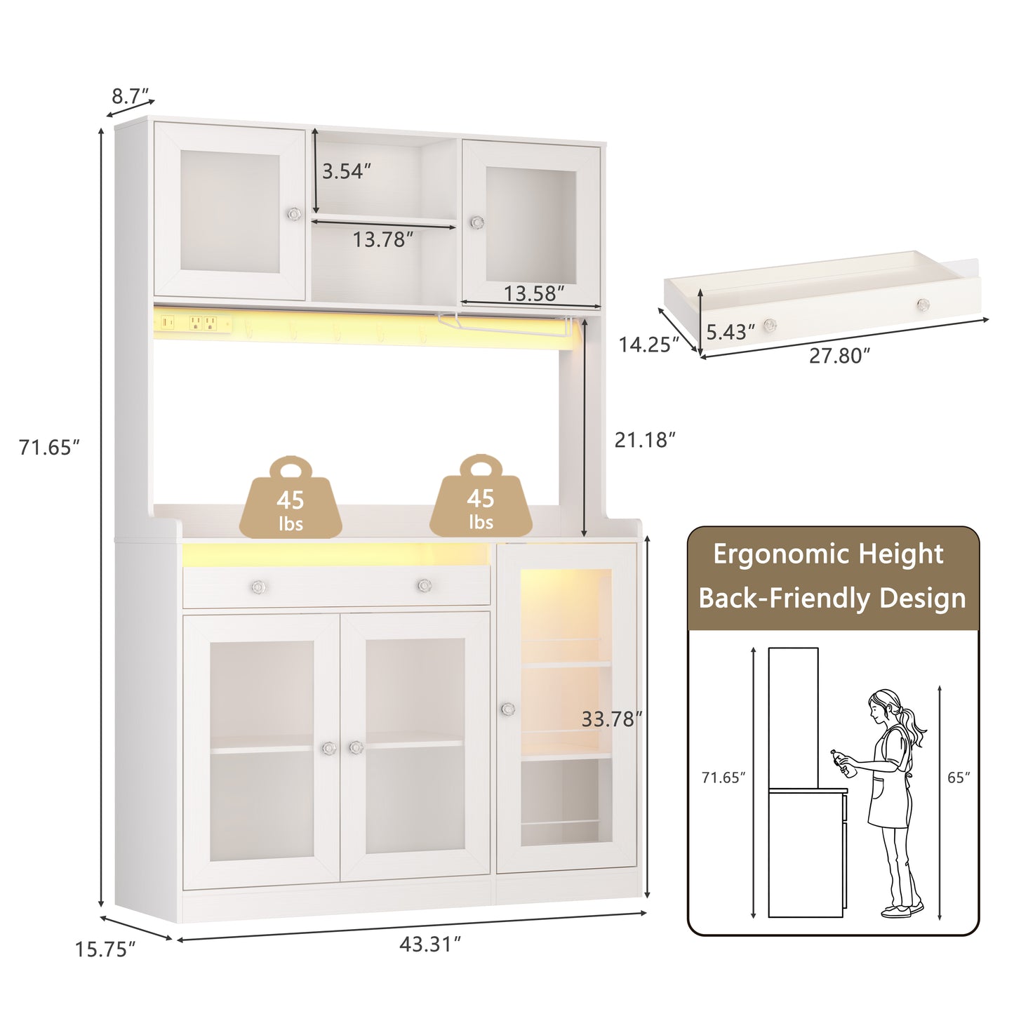 Korfile 71" Pantry Cabinet, Tall Kitchen Pantry Cabinet with Charging Station & LED Light, Kitchen Hutch with Wine Rack, Pantry Storage Cabinets with Microwave Stand for Dining Room, White