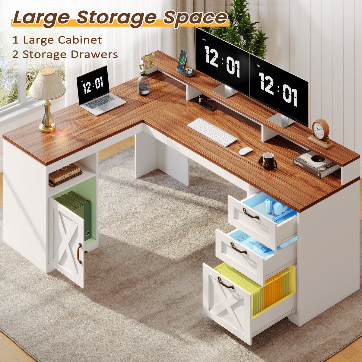 Korfile 63" L Shaped Desk with Drawers with File Cabinet & Power Outlet Farmhouse Computer Desk, Executive Desk with Monitor Stand & Storage Cabinet for Home Office, Corner Desk, Brown and White
