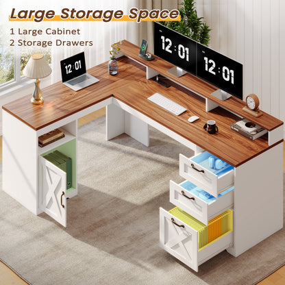 Korfile 63" L Shaped Desk with Drawers with File Cabinet & Power Outlet Farmhouse Computer Desk, Executive Desk with Monitor Stand & Storage Cabinet for Home Office, Corner Desk, Brown and White