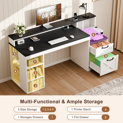 Korfile 63" Farmhouse Desk with Drawers and Storage Shelf for Home Office