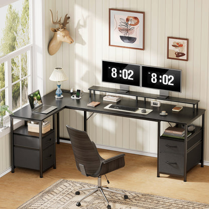 Korfile 65" L Shaped Computer Desk with File Drawers & Power Outlets, Black | Home Office Desk w/ 4 Drawers, LED Lights, Reversible, Monitor Stand, Gaming Table for Corner Space, Ideal for Study, Writing
