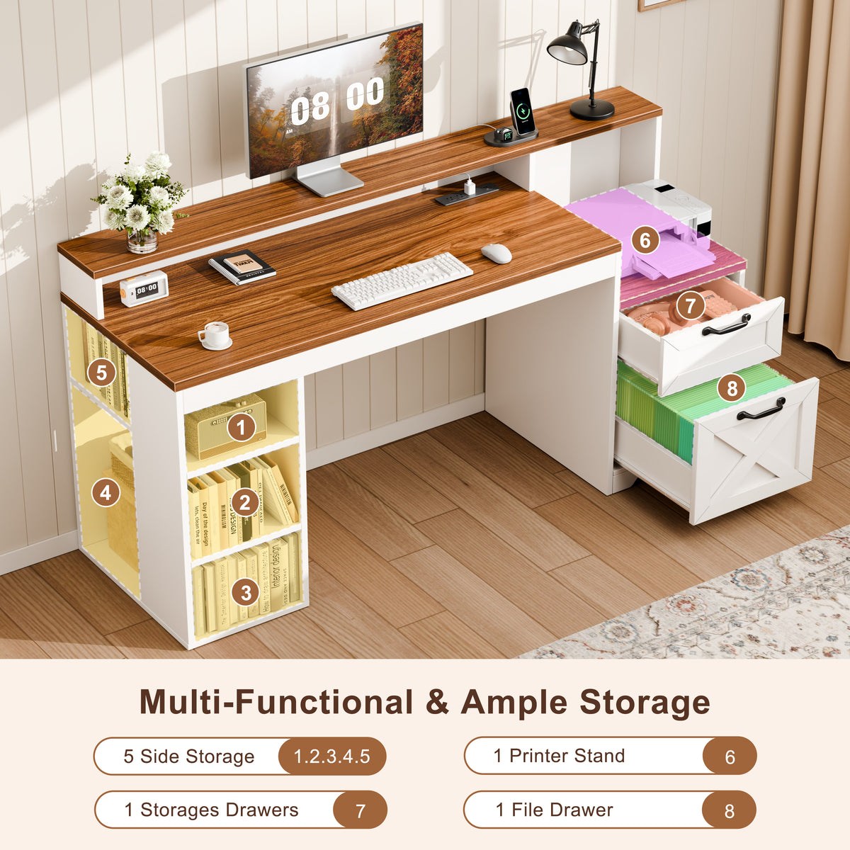 63" Farmhouse Computer Desk with Drawers and Printer Stand for Home Office